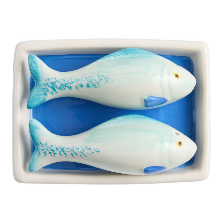 Blue Ceramic Tinned Fish Figural Salt and Pepper Shaker Set