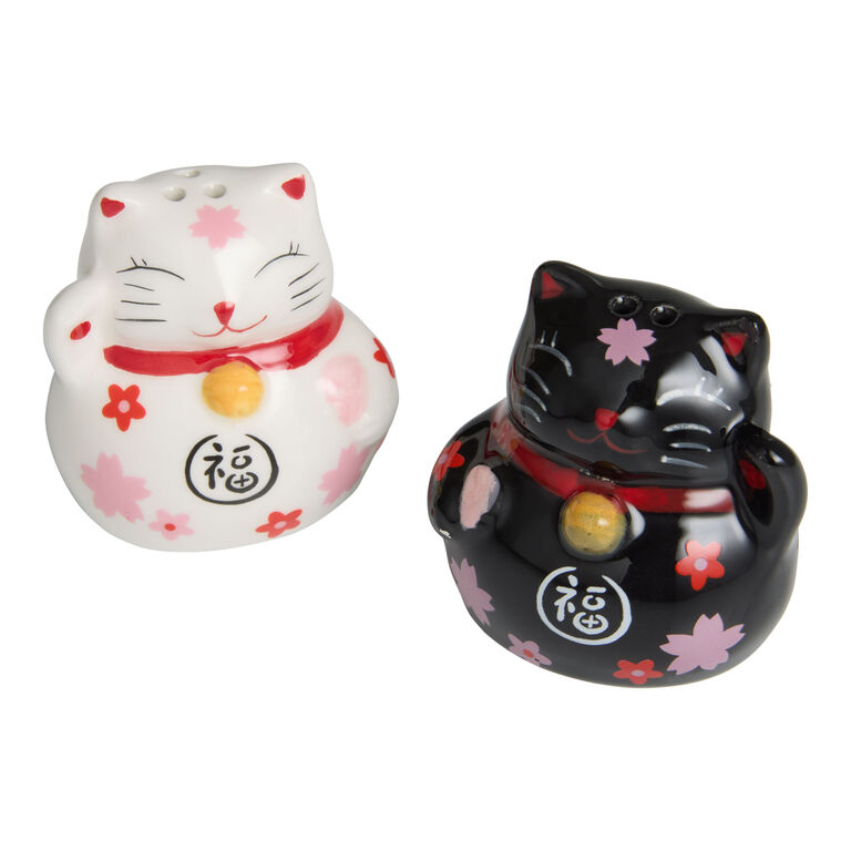 Ceramic Lucky Cat Floral Figural Salt and Pepper Shaker Set