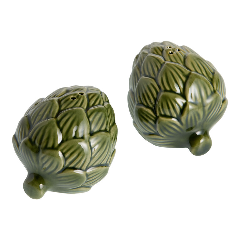 Dark Green Ceramic Artichoke Figural Salt and Pepper Shaker Set