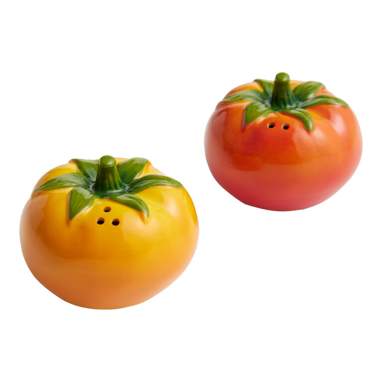 Hand Painted Ceramic Tomato Figural Salt and Pepper Shaker Set