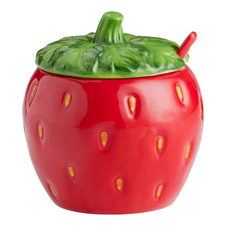 Hand Painted Strawberry Figural Sugar Bowl with Spoon