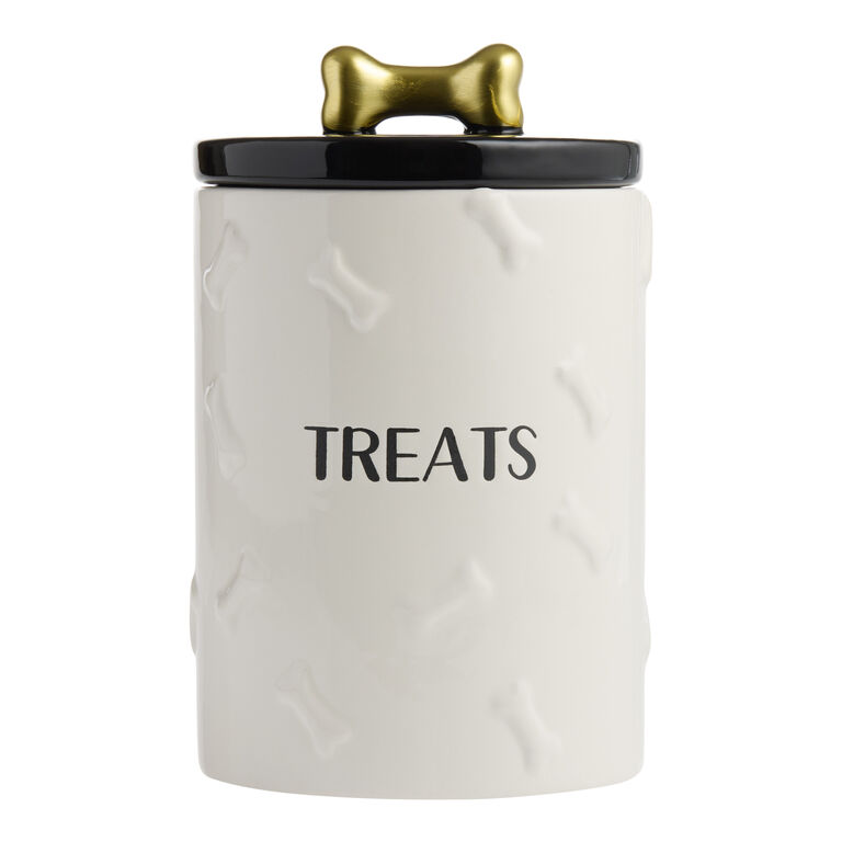 Ivory and Black Ceramic Bone Embossed Pet Treat Jar