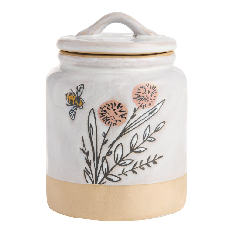 Ivory Wax Resist Ceramic Flowers and Bee Storage Container
