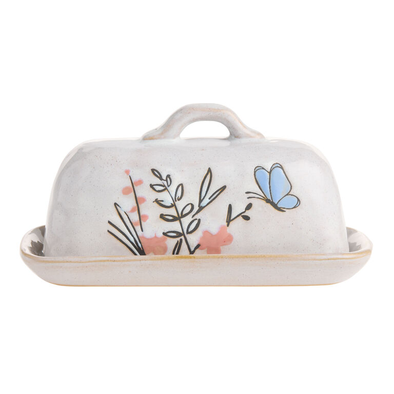 Ivory Wax Resist Ceramic Flowers and Butterfly Butter Dish