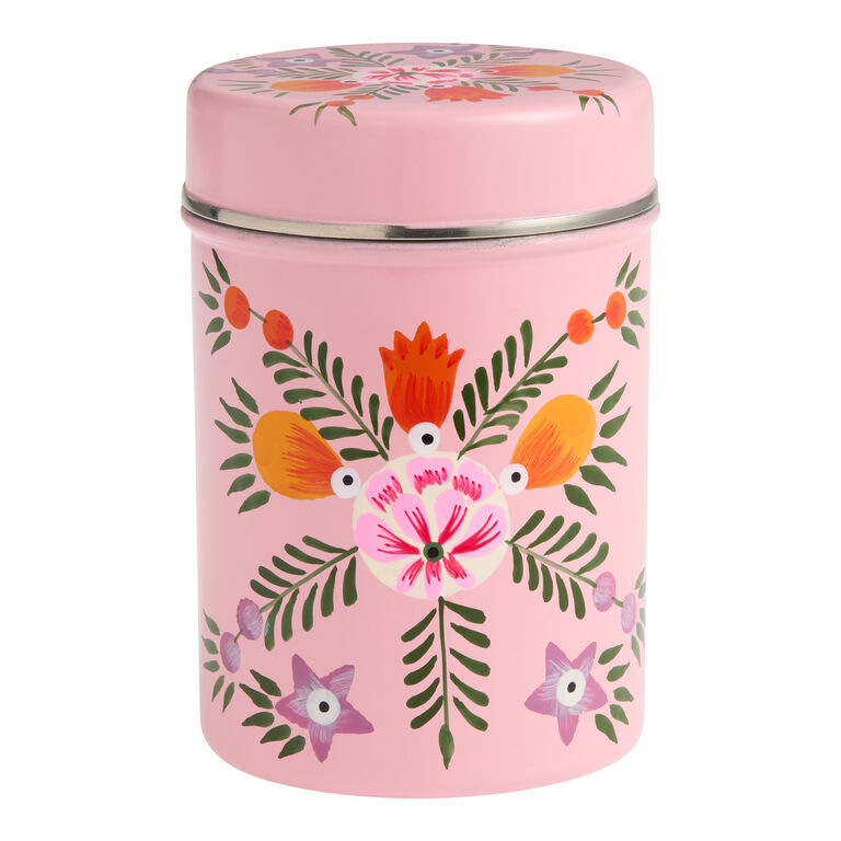 Medium Pink Hand Painted Metal Floral Storage Canister