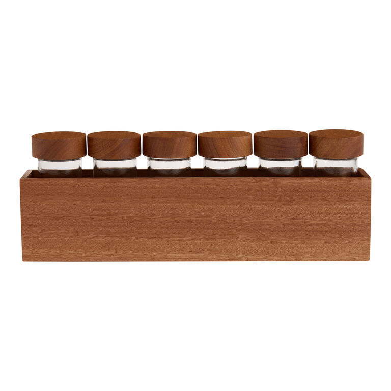 Natural Sapele Wood Spice Rack with Shaker Jars 7 Piece Set