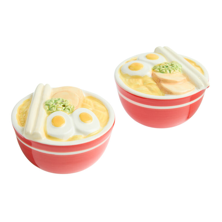 Red Ceramic Ramen Bowl Figural Salt and Pepper Shaker Set