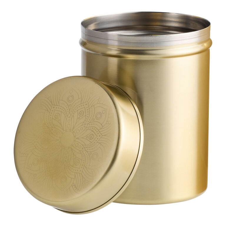 Round Gold Metal Etched Floral Lid Tea Canister