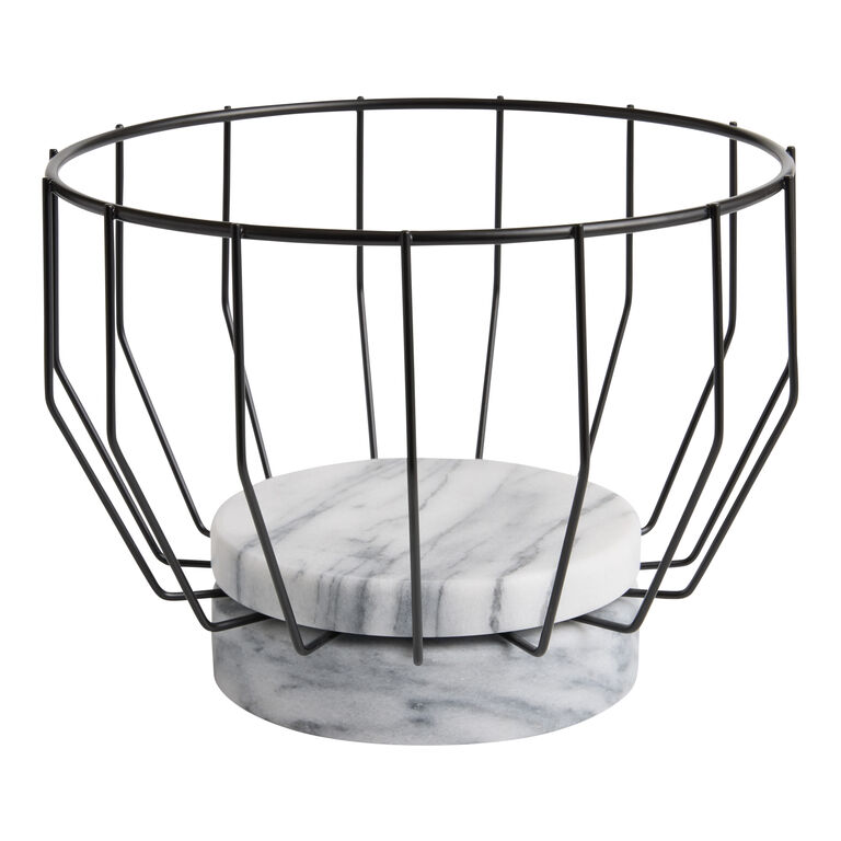 Round White Marble Base and Black Wire Fruit Basket