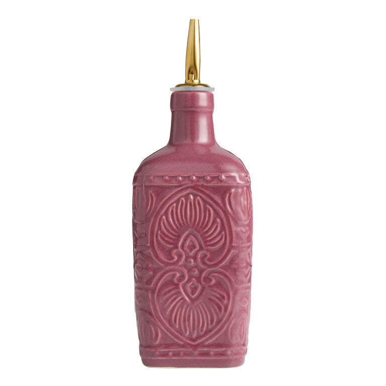 Square Plum Ceramic Embossed Oil Bottle with Spout