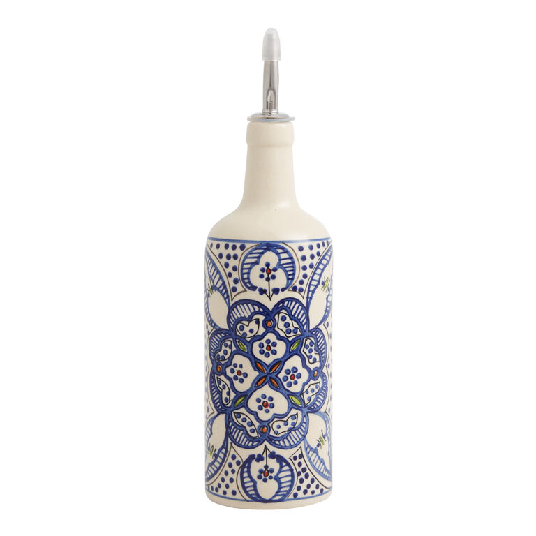 Tunis White and Blue Ceramic Oil Bottle with Spout