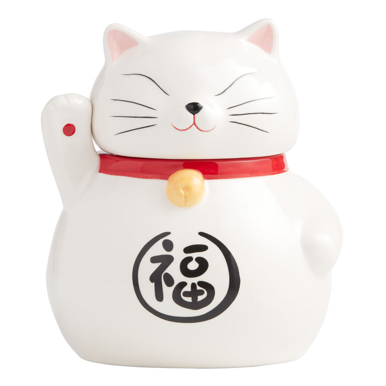 White Ceramic Lucky Cat Figural Cookie Jar