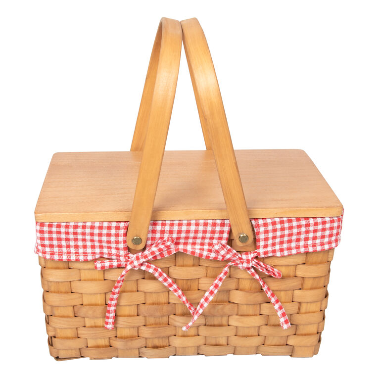 Wicker and Wood Red Gingham Farmhouse Picnic Basket