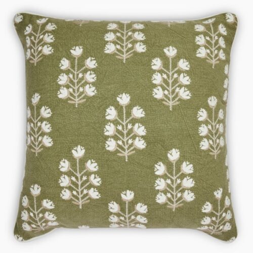 Thread Office Green Embroidery Block Flower Scatter Cushion with Feather Blend Inner, 50cm x 50cm